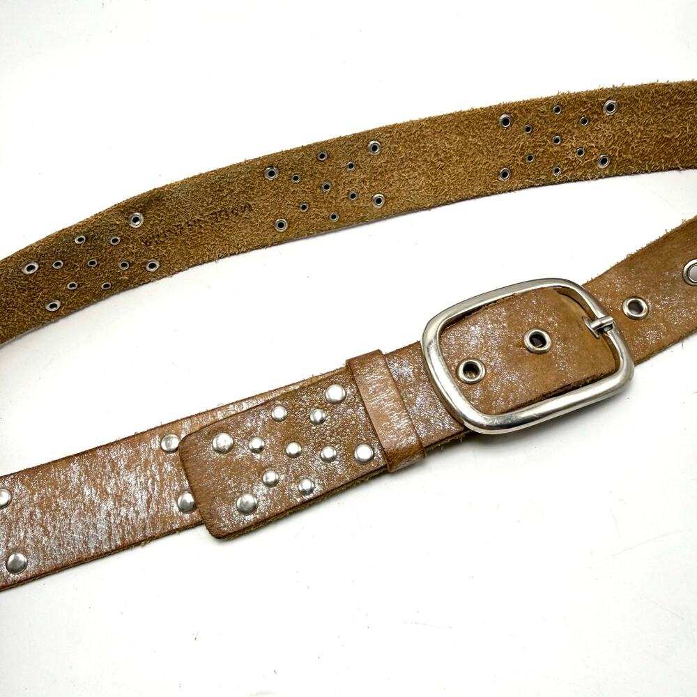 Vintage Y2K Silver Metallic Studded Leather Belt 31-35 Silver Solid Brass Buckle
